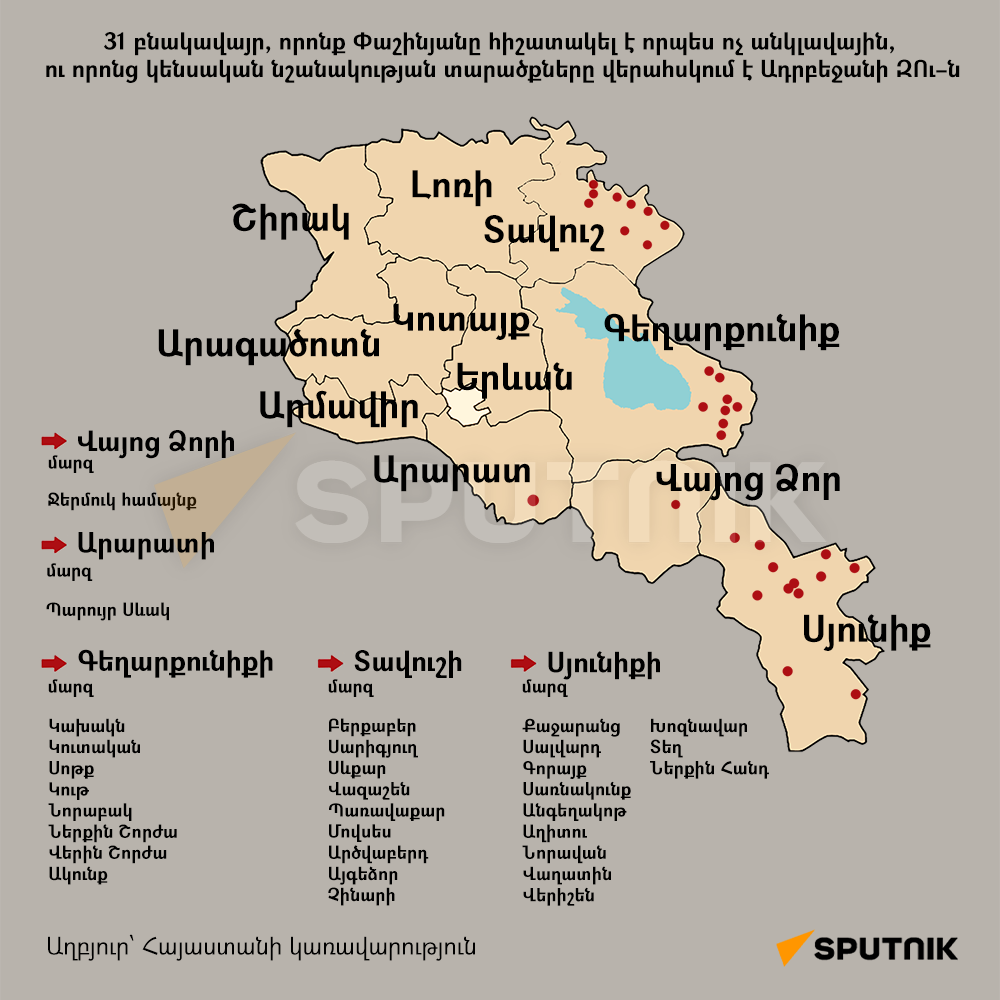31 բնակավայր, որոնք Փաշինյանը հիշատակել է որպես ոչ անկլավային, ու որոնց կենսական նշանակության տարածքները վերահսկում է Ադրբեջանի ԶՈւ–ն։ - Sputnik Արմենիա