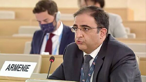 Постоянный представитель Армении в ООН Андраник Ованнисян во время выступления на заседании Совета ООН по правам человека (17 июля 2020). Женева - Sputnik Армения