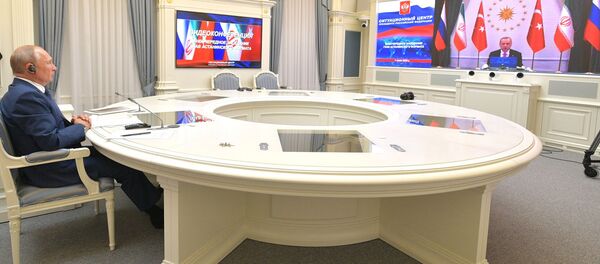 Видеоконференция лидеров России, Ирана и Турции Владимира Путина, Хaсана Рoухани и Реджепа Тайипа Эрдогана по сирийскому урегулированию (1 июля 2020). Москвa - Sputnik Արմենիա