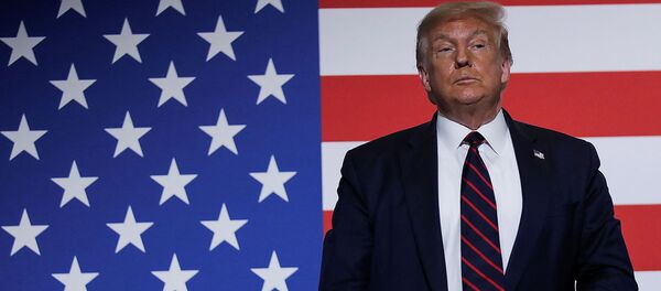 Президент США Дональд Трамп стоит перед американским флагом, участвуя в круглом столе по донорству плазмы во время визита в национальную штаб-квартиру Американского Красного Креста (30 июля 2020). Вашингтон - Sputnik Արմենիա