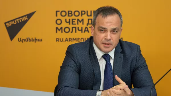 Директор Российского центра науки и культуры в Ереване Сергей Рыбинский во время онлайн видеомоста (24 сентября 2020). Еревaн