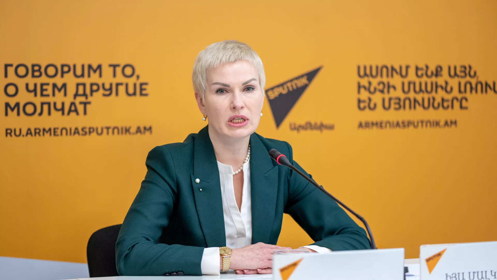 Помощник председателя Коллегии ЕЭК Ия Малкина на онлайн пресс-конференции в мультимедийном пресс-центре Sputnik Армения об итогах состоявшегося в Ереване заседания с участием глав правительств стран ЕАЭС (9 октября 2020). Еревaн