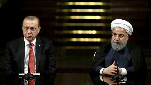 Президенты Ирана и Турции Хасан Роухани и Реджеп Тайип Эрдоган во время совместной пресс-конференции после их встречи в Саадабадском дворце (4 октября 2017). Тегеран - Sputnik Արմենիա