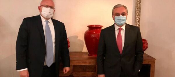Министр иностранных дел Зограб Мнацаканян с заместителем помощника госсекретаря США по европейским и евразийским делам Филипом Рикером во время своего визита в США (23 октября 2020). Вашингтон - Sputnik Արմենիա