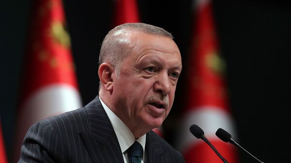 Президент Турции Реджеп Тайип Эрдоган выступает во время телеобращения после еженедельного заседания кабинета министров в Анкаре (24 августа 2020). Турция - Sputnik Армения