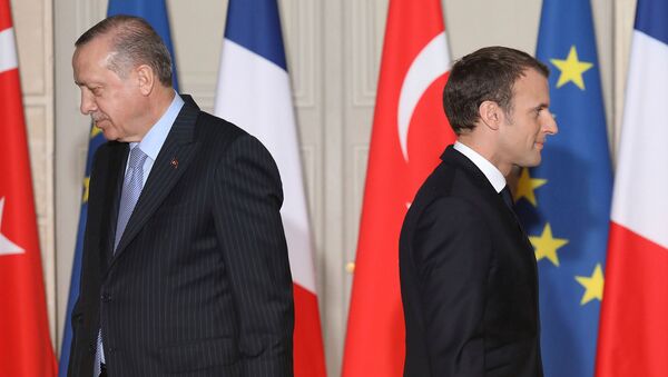 Президенты Франции и Турции Эммануэль Макрон и Реджеп Эрдоган перед началом совместной пресс-конференции (5 января 2018). Париж - Sputnik Արմենիա