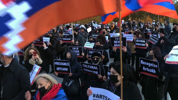 Акция армянской диаспоры Австрии в поддержку Карабаха перед Венским международным центром (1 ноября 2020). Вена - Sputnik Армения