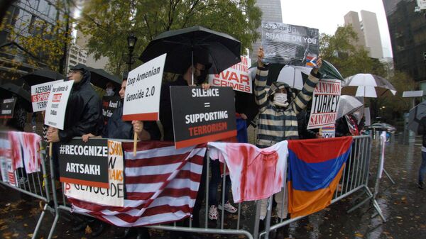 Армянские общины Австрии, Швейцарии и США одновременно провели «митинг молчания» у трех штаб-квартир ООН в Вене, Женеве и Нью-Йорке (2 ноября 2020). - Sputnik Արմենիա