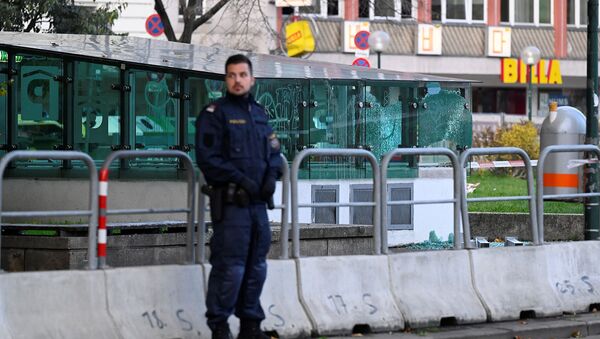 Полицейский стоит на страже после перестрелки в Вене (3 ноября 2020). Австрия - Sputnik Արմենիա