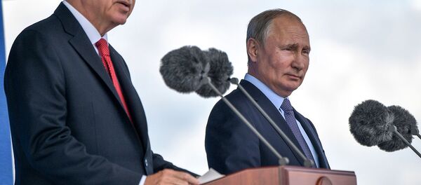 Президенты России и Турции Владимир Путин и Реджеп Тайип Эрдоган выступают с совместной речью (27 августа 2019). Подмосковье - Sputnik Արմենիա
