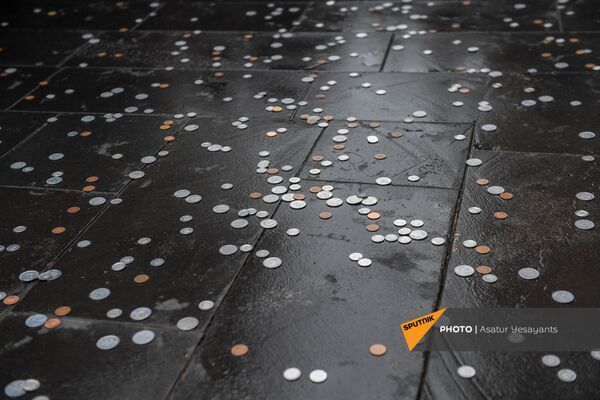 Ցուցարարները մետաղադրամներ լցրին ՀՀ կառավարության շենքի դիմաց՝ ի նշան բողոքի Ցուցարարները մետաղադրամներ լցրին ՀՀ կառավարության շենքի դիմաց՝ ի նշան բողոքի - Sputnik Արմենիա