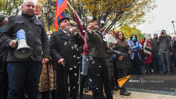 Активисты выбросили монеты перед Домом правительства во время акции с требованием отставки правительства Армении во главе с премьер-министром (10 декабря 2020). Еревaн - Sputnik Արմենիա