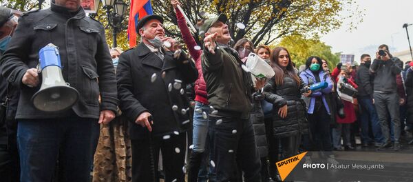 Активисты выбросили монеты перед Домом правительства во время акции с требованием отставки правительства Армении во главе с премьер-министром (10 декабря 2020). Еревaн - Sputnik Արմենիա