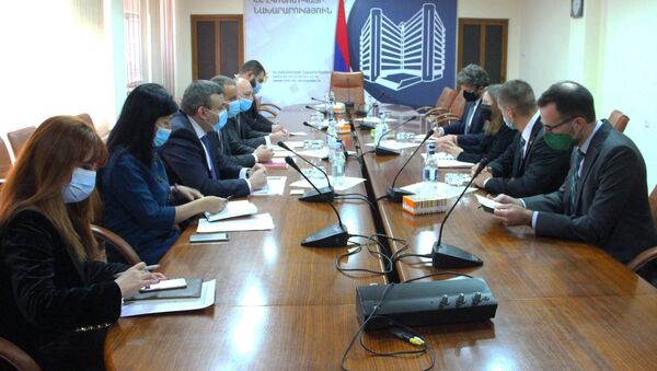 Министр экономики Армении Ваан Керобян встретился с делегацией во главе с послом США Линн Трейси (15 декабря 2020). Еревaн - Sputnik Արմենիա