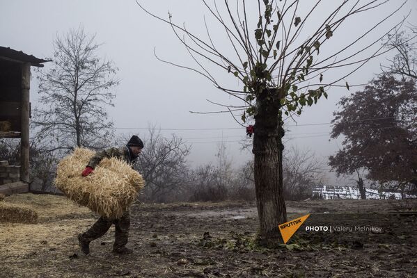 Мужчина перекладывает сено на одной из улиц в селе Тагавард Мартунинского района (11 декабря 2020). Карабах - Sputnik Армения