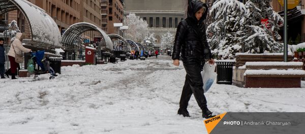 Женщина проходит по неочищенному Северному проспекту (24 декабря 2020). Еревaн - Sputnik Армения