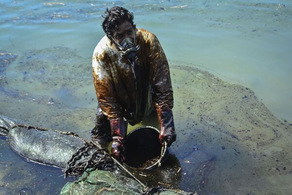 Мужчина очищает воду от разлившейся у берегов Маврикия нефти. - Sputnik Армения