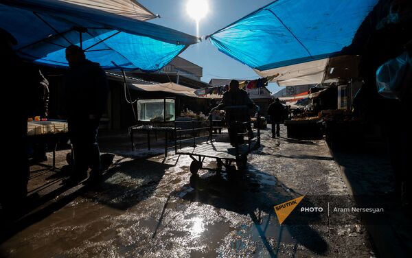 Рабочий с тележкой под полиэтиленовыми тентами в Лачинском рынке в Ванадзоре - Sputnik Армения