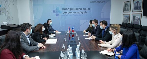 Министр здравоохранения Анаит Аванесян на встрече с послом Франции Джонатаном Лакотом (25 января 2021). Еревaн - Sputnik Արմենիա