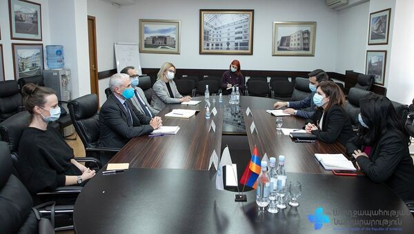 Министр здравоохранения Анаит Аванесян приняла делегацию во главе с постоянным координатором ООН в Армении Шомби Шарп (26 января 2021). Еревaн - Sputnik Армения