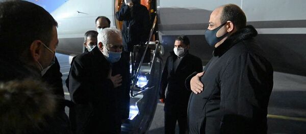 Замминистра иностранных дел Армении Гагик Галачян встречает министра иностранных дел Ирана Мохаммада Джавада Зарифа (26 января 2021). Еревaн - Sputnik Армения