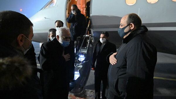 Замминистра иностранных дел Армении Гагик Галачян встречает министра иностранных дел Ирана Мохаммада Джавада Зарифа (26 января 2021). Еревaн - Sputnik Արմենիա