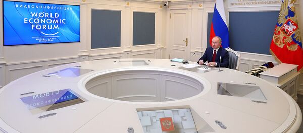 Президент России Владимир Путин выступает по видеосвязи на сессии Давосская повестка дня 2021 ВЭФ (27 января 2021). Москвa - Sputnik Արմենիա