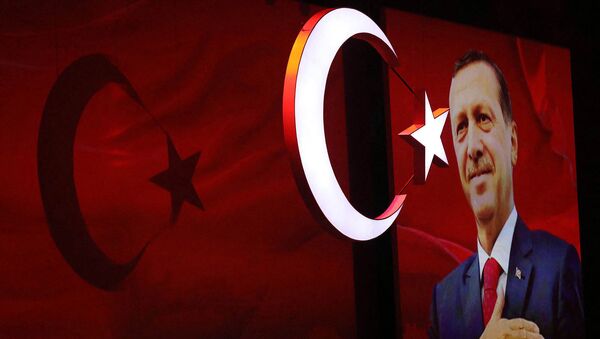 Турецкий флаг и изображение президента Турции Реджепа Тайипа Эрдогана на церемонии открытия Сурдлимпийских игр (18 июля 2017). Самсун - Sputnik Արմենիա