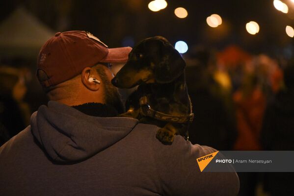 Мужчина с собакой во время торжественного шествия оппозиции (27 февраля 2021). Еревaн - Sputnik Армения