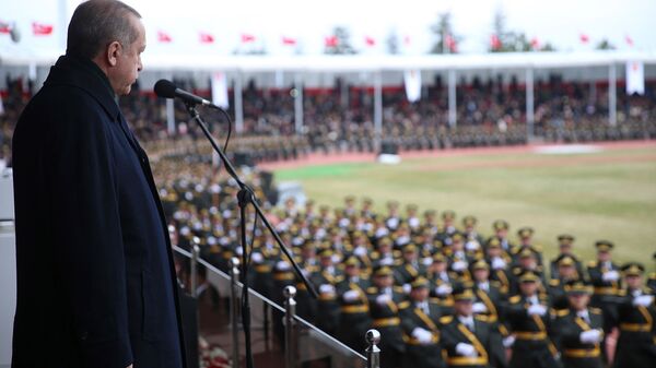 Президент Турции Реджеп Тайип Эрдоган наблюдает за военным парадом в Военной академии (23 ноября 2017). Анкарa - Sputnik Армения