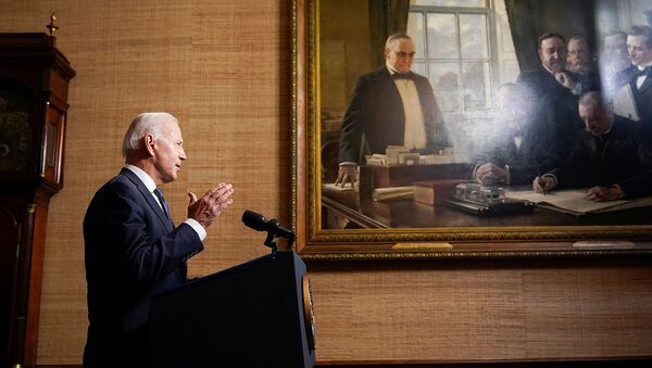 Президент США Джо Байден выступает с речью о своем плане вывода американских войск из Афганистана (14 апреля 2021). Вашингтон - Sputnik Армения