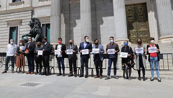 Группа испанских депутатов и сенаторов у центрального входа в Конгресс с плакатами требуют от Азербайджана освободить армянских военнопленных (11 мая 2021). Мадрид - Sputnik Армения