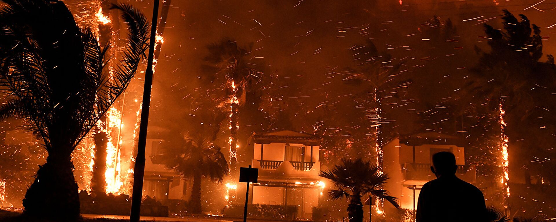 Местный житель среди горящих от лесного пожара домов в деревне Схинос (19 мая 2021). Греция - Sputnik Армения, 1920, 21.05.2021