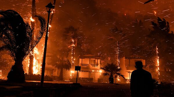 Местный житель среди горящих от лесного пожара домов в деревне Схинос (19 мая 2021). Греция - Sputnik Արմենիա