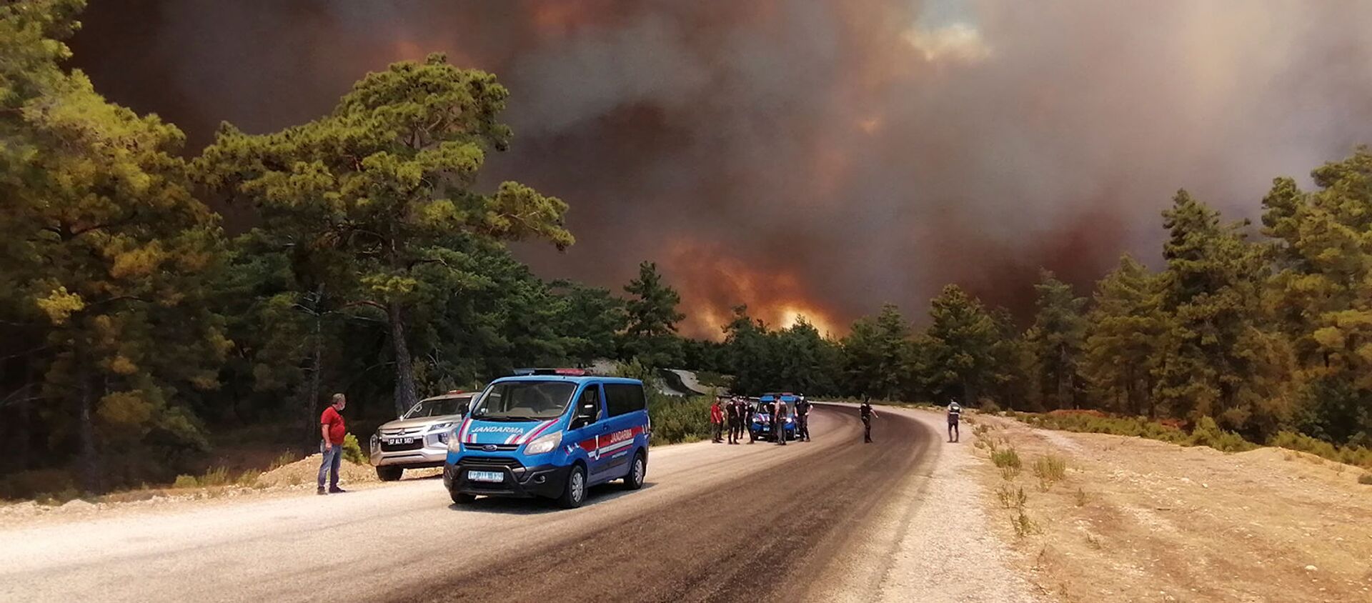 Сотрудники полиции и люди наблюдают за лесным пожаром близ средиземноморского прибрежного города Манавгат, Анталья (28 июля 2021). Турция - Sputnik Армения, 1920, 29.07.2021
