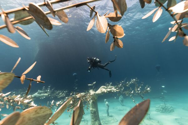 Дайвер в музее подводной скульптуры Musan у пляжа Пернера в Айя-Напе, Кипр. - Sputnik Армения