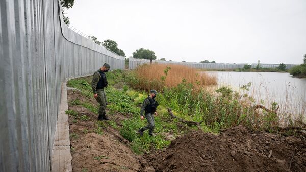 Полицейские патрулируют вдоль стальной стены у реки Эврос на греко-турецкой границе, недалеко от деревни Порос, Греция - Sputnik Армения