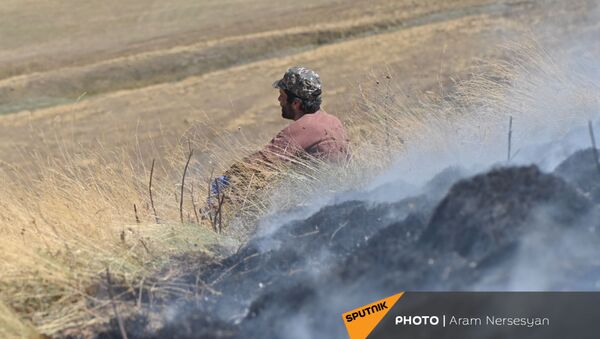 Житель приграничного села Кут после борьбы с огнем - Sputnik Արմենիա