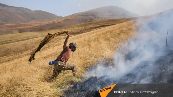 Житель приграничного села Кут во время борьбы с огнем - Sputnik Արմենիա
