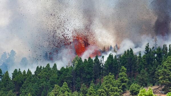 Лава и дым от извержения вулкана в национальном парке Кумбре-Вьеха, на Канарском острове Ла-Пальма (19 сентября 2021). Эль-Пасо - Sputnik Армения