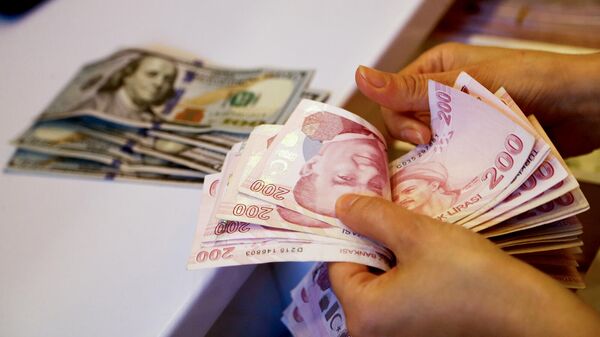 Сотрудник пункта обмена валют пересчитывает банкноты в турецких лирах (27 сентября 2021). Анкарa - Sputnik Армения