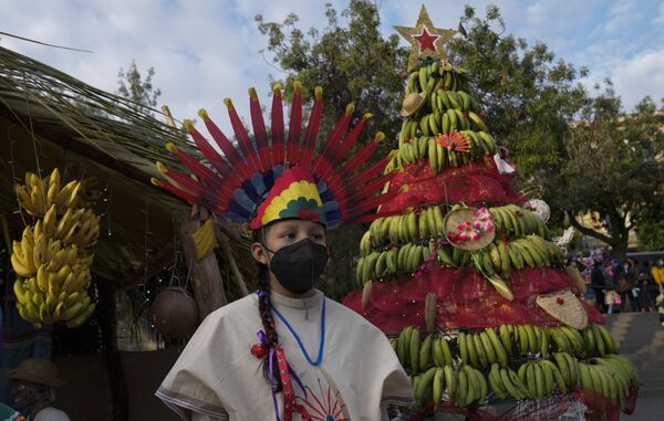 Танцовщица стоит рядом с рождественской банановой елкой на площади Мурильо во время церемонии зажжения рождественской елки в Ла-Пасе, Боливия. - Sputnik Армения