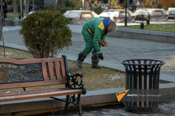 Сотрудник муниципальной службы убирает опавшую листву с газона. - Sputnik Армения