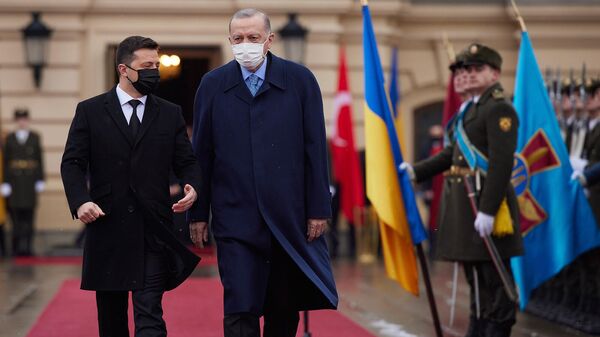 Ուկրաինայի և Թուրքիայի նախագահներ Վլադիմիր Զելենսկին եւ Ռեջեփ Թայիփ Էրդողանը անցնում են պատվո պահակախմբի կողքով (3 փետրվարի, 2022թ). Կիև - Sputnik Արմենիա