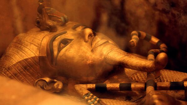 Один из золотых саркофагов Тутанхамона, выставленный в его гробнице в стеклянном футляре в Долине царей в Луксоре, Египет. - Sputnik Армения