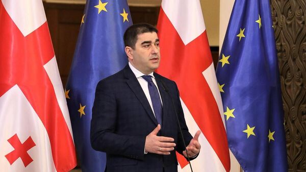 Председатель парламента Грузии Шалва Папуашвили на презентации отчета о деятельности комитета по аграрным вопросам за 2021 год (4 апреля 2022). Тбилиси - Sputnik Армения
