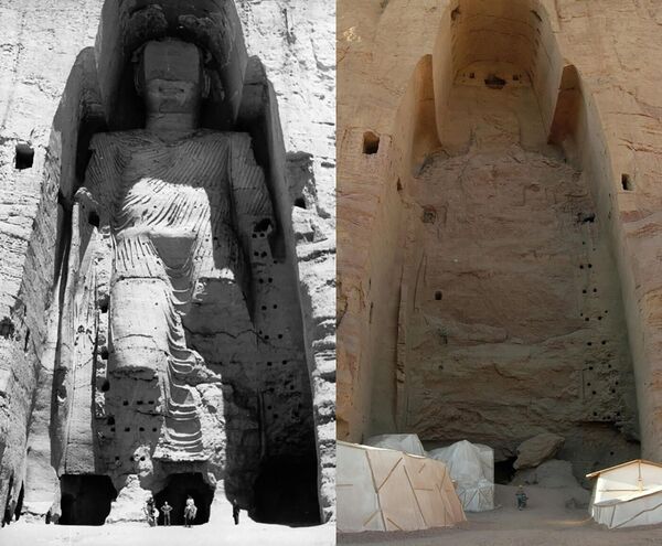 Знаменитые статуи Будды, в 2001 году разрушенные талибами.Две гигантские статуи Будды (55 и 37 метров) входили в комплекс буддийских монастырей в Бамианской долине, возраст которых датируется VI веком нашей эры. Бамианская долина расположена в центральной части Афганистана.В 2003 году ЮНЕСКО включила все окрестные памятники (сохранившиеся и разрушенные) в список всемирного наследия и одновременно в &quot;тревожный список&quot;. - Sputnik Армения