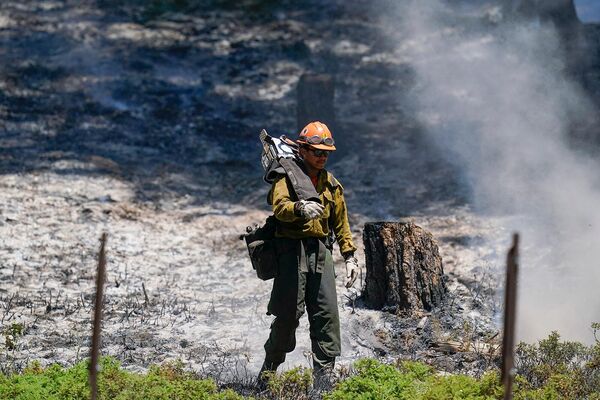Пожарный перемещается в район пожара возле южного входа в парк Йосемити. - Sputnik Армения