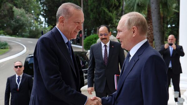 Президент РФ Владимир Путин встречает президента Турции Реджепа Тайипа Эрдогана (5 августа 2022). Сочи - Sputnik Армения