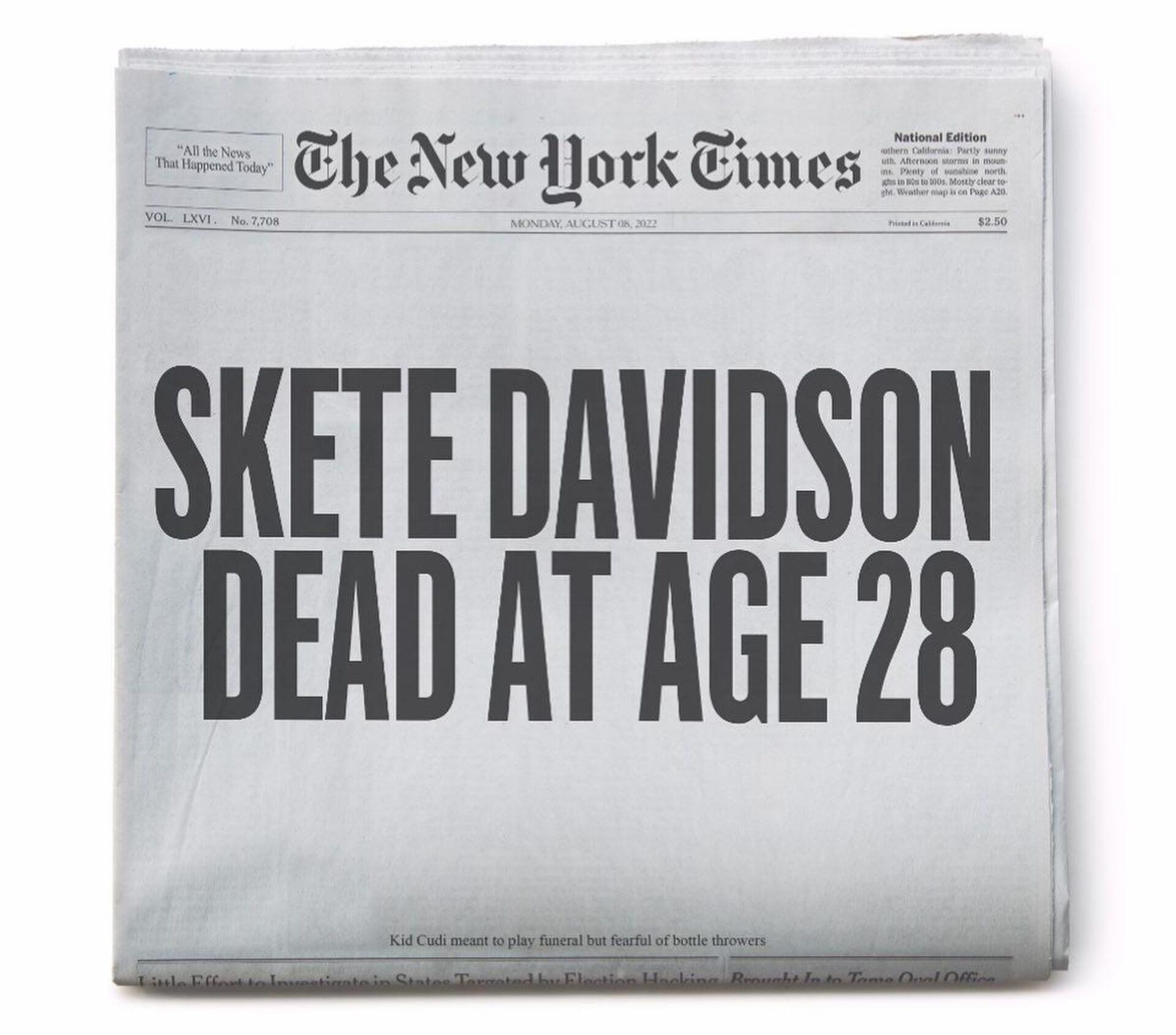 Обложка газеты The New York Times с заголовком Скит Дэвидсон умер в возрасте 28 лет - Sputnik Արմենիա, 1920, 08.08.2022